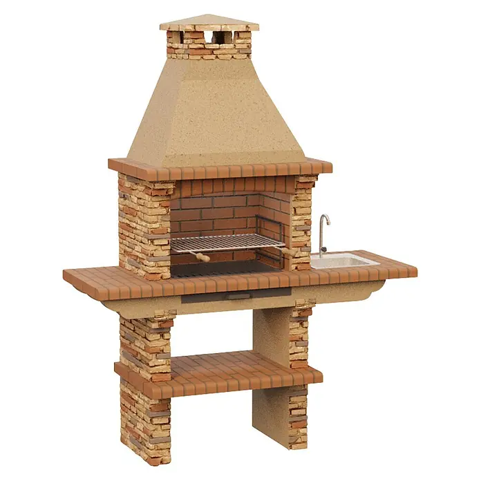 Sotnas Barbacoa de obra Paris - Castaño, An x Pr x Al: 164 x 60 x 219 cm, Superficie parrilla: 60 x 38 cm, Derecha - Barbacoa exterior de ladrillo y hormigón con chimenea, parrilla, encimera lateral y fregadero integrado.