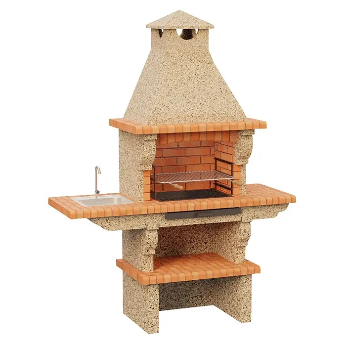 Sotnas Barbacoa de obra Barcelos Cerrada - Crema/Ladrillo, An x Pr x Al: 196 x 60 x 225 cm, Superficie parrilla: 60 x 38 cm, Izquierda con fregadera - Barbacoa de obra de piedra y ladrillo con chimenea, parrilla, fregadero y estantes.