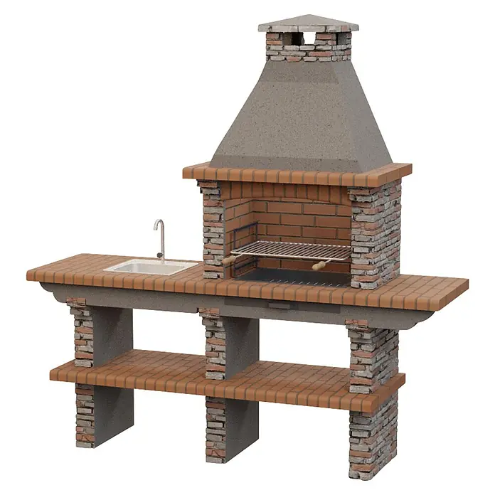 Sotnas Barbacoa de obra Paris - Gris, An x Pr x Al: 211 x 60 x 219 cm, Superficie parrilla: 60 x 38 cm, Izquierda - Barbacoa exterior de ladrillo gris y marrón rojizo, con chimenea, fregadero integrado y estantes de almacenamiento inferiores.