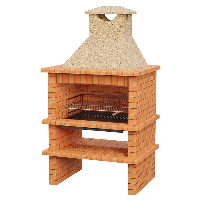 Sotnas Barbacoa de obra Barcelos Ladrillo - Crema/Ladrillo, An x Pr x Al: 133 x 96 x 241 cm, Superficie parrilla: 95 x 65 cm - Barbacoa de ladrillo de terracota con campana color arena y parrillas metálicas.