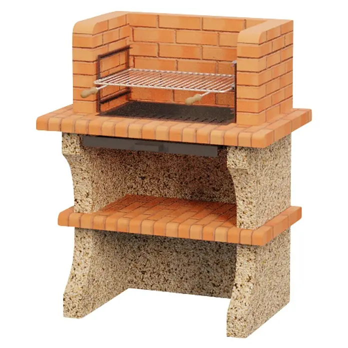 Sotnas Barbacoa de obra Barcelos sin campana - Crema/Ladrillo, An x Pr x Al: 98 x 60 x 121 cm, Superficie parrilla: 60 x 38 cm - Barbacoa de ladrillo de terracota con base de hormigón claro, parrilla metálica y estante inferior.