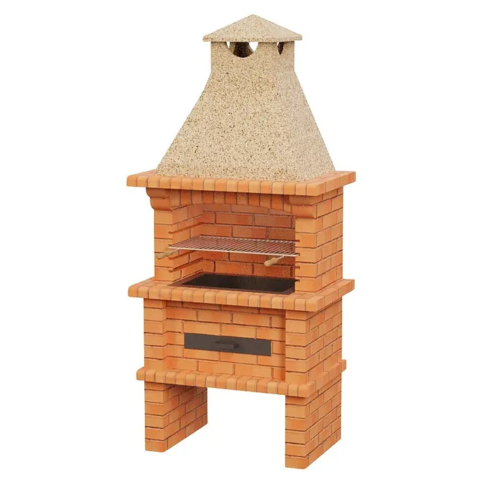 Sotnas Barbacoa de obra Barcelos cajón encastrado - Crema/Ladrillo, An x Pr x Al: 98 x 60 x 217 cm, Superficie parrilla: 60 x 38 cm - Barbacoa de ladrillo de terracota con chimenea texturizada, parrilla metálica y cajón de cenizas, para asar al aire libre.