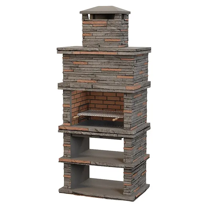 Sotnas Barbacoa de obra Londres - Gris, An x Pr x Al: 104 x 68 x 245 cm, Superficie parrilla: 69 x 48 cm - Barbacoa de piedra con chimenea, ladrillos grises y marrón rojizo, y dos estantes de almacenamiento.