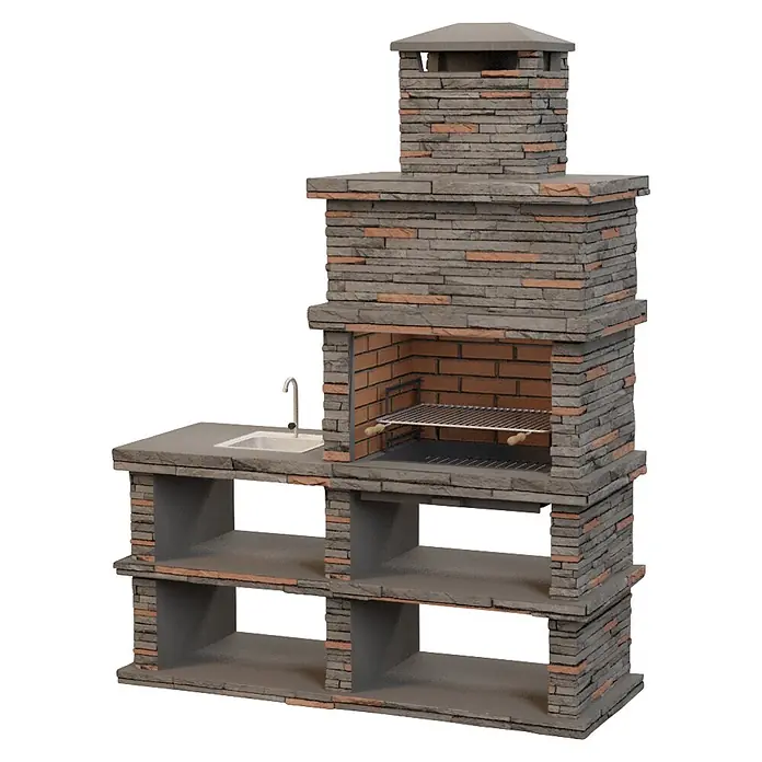 Sotnas Barbacoa de obra Londres con fregadera - Gris, An x Pr x Al: 186 x 68 x 245 cm, Superficie parrilla: 69 x 48 cm, Izquierda con fregadera - Cocina exterior de piedra gris y beige con barbacoa, fregadero y estantes abiertos.