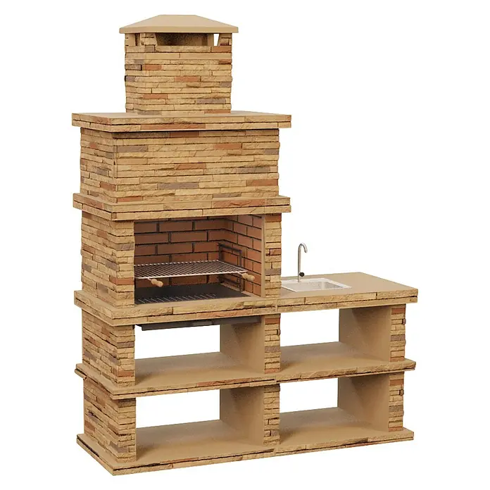 Sotnas Barbacoa de obra Londres con fregadera - Castaño, An x Pr x Al: 186 x 68 x 245 cm, Superficie parrilla: 69 x 48 cm, Derecha con fregadera - Cocina exterior de piedra clara con barbacoa, fregadero y estantes de almacenamiento.