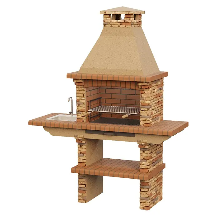 Sotnas Barbacoa de obra Paris - Castaño, An x Pr x Al: 164 x 60 x 219 cm, Superficie parrilla: 60 x 38 cm, Izquierda - Barbacoa de ladrillo exterior con chimenea, fregadero lateral y estante inferior. Hecha de ladrillo rojizo y beige.