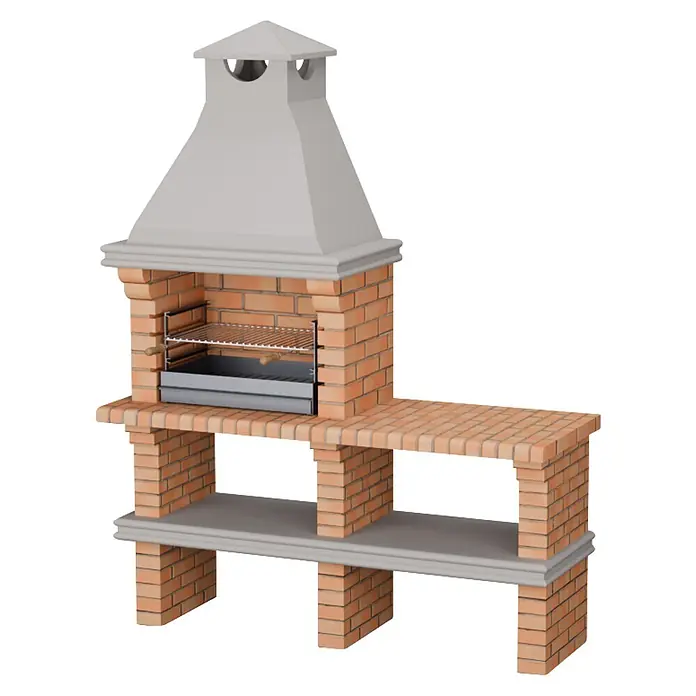 Sotnas Barbacoa de obra Luanda - Gris/Ladrillo, An x Pr x Al: 168 x 60 x 219 cm, Superficie parrilla: 60 x 38 cm, Sin fregadero - Barbacoa de ladrillo con campana y mostrador lateral grises, con parrilla y cenicero.