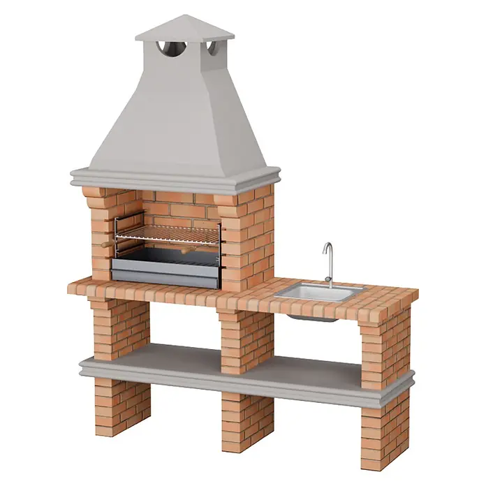 Sotnas Barbacoa de obra Luanda - Gris/Ladrillo, An x Pr x Al: 168 x 60 x 219 cm, Superficie parrilla: 60 x 38 cm, Con fregadero - Barbacoa de ladrillo con campana gris, parrilla integrada, fregadero y estante inferior.