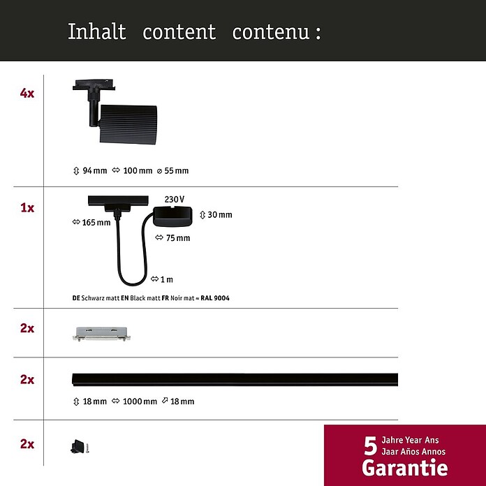Paulmann URail LED-Schienensystem Set Rivon (Schwarz matt, 2,17 m, Nicht Dimmbar, Anzahl Leuchtmittel: 3 Stk.) | BAUHAUS
