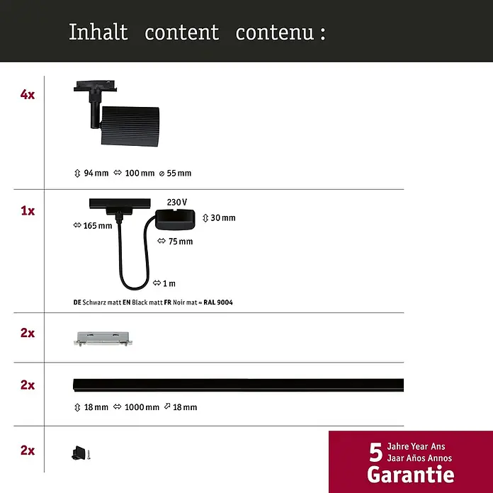 Paulmann URail LED-Schienensystem Set Rivon - Schwarz matt, 2,17 m, Nicht Dimmbar, Anzahl Leuchtmittel: 3 Stk. - Informationsansicht