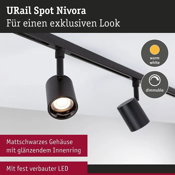 Paulmann URail LED-Spot Nivora - 4,7 W, Schwarz, 7 x 7 x 12,5 cm - Schwarzer URail Spot Nivora mit matter Oberfläche, glänzendem Innenring und warmweißer, dimmbarer integrierter LED.