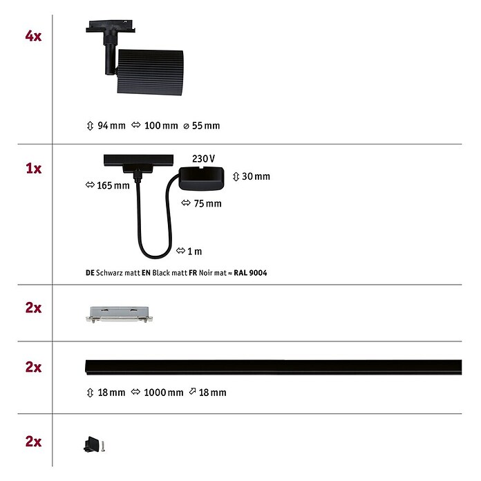 Paulmann URail LED-Schienensystem Set Rivon (Schwarz matt, 2,17 m, Nicht Dimmbar, Anzahl Leuchtmittel: 3 Stk.) | BAUHAUS
