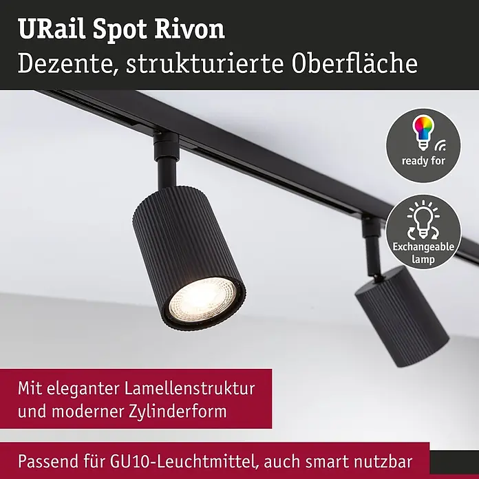 Paulmann URail LED-Spot Rivon - 10 W, Schwarz matt, 8 x 8 x 15,4 cm - Informationsansicht
