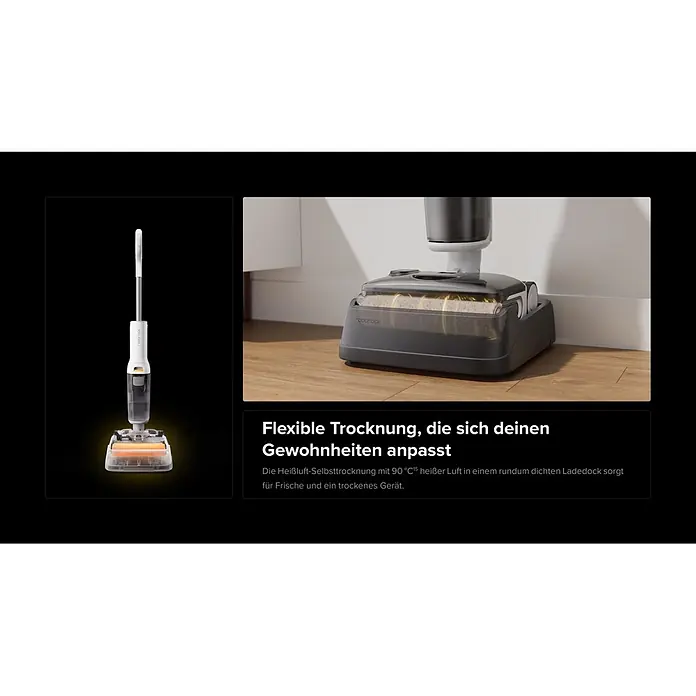 Roborock Akku-Nass-Trockensauger F25 RT Gen 2 - Saugkraft: 20.000 Pa, Akkulaufzeit: 22 min - 38 min, Wassertankvolumen: 870 ml - Roborock Stabstaubsauger mit leuchtender Walzenbürste, daneben die selbstreinigende Dockingstation mit Heißlufttrocknung.