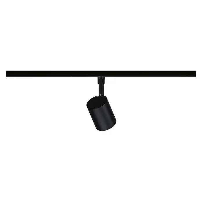 Paulmann URail LED-Spot Nivora - 4,7 W, Schwarz, 7 x 7 x 12,5 cm - Schwarzer zylindrischer Stromschienenstrahler an horizontaler Schiene.
