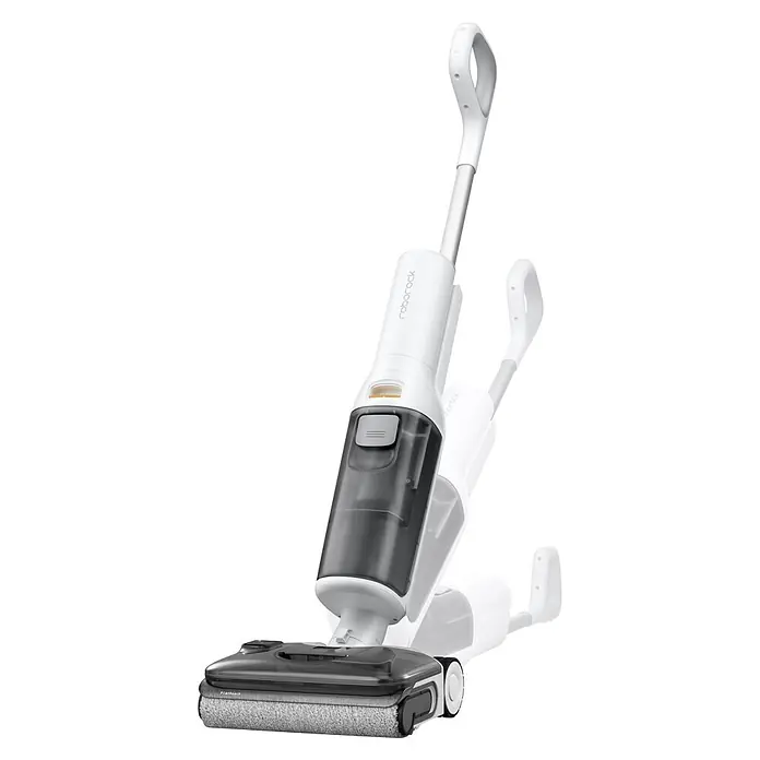 Roborock Akku-Nass-Trockensauger F25 RT Gen 2 - Saugkraft: 20.000 Pa, Akkulaufzeit: 22 min - 38 min, Wassertankvolumen: 870 ml - Weißer Roborock Nass-/Trockensauger mit dunklem transparentem Wassertank und Rollenbürste.