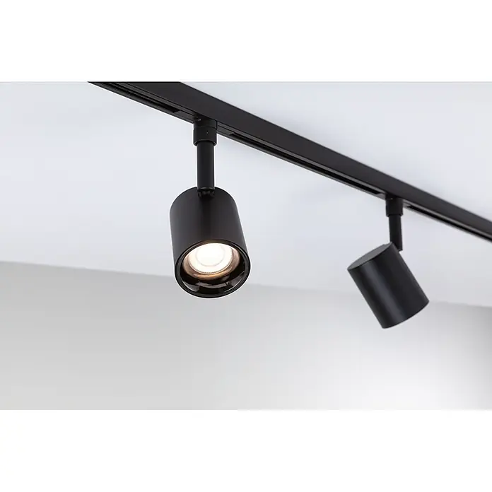 Paulmann URail LED-Spot Nivora - 4,7 W, Schwarz, 7 x 7 x 12,5 cm - Schwarzes Schienensystem mit zwei Strahlern, einer davon beleuchtet.