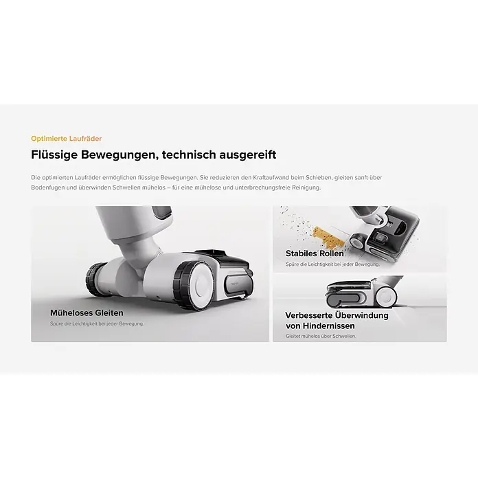 Roborock Akku-Nass-Trockensauger F25 RT Gen 2 - Saugkraft: 20.000 Pa, Akkulaufzeit: 22 min - 38 min, Wassertankvolumen: 870 ml - Weißes, graues und schwarzes Reinigungsgerät mit optimierten Rädern für müheloses Gleiten und Überwinden von Hindernissen.