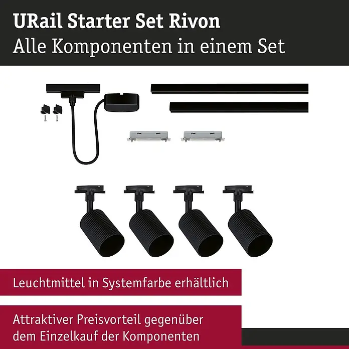 Paulmann URail LED-Schienensystem Set Rivon - Schwarz matt, 2,17 m, Nicht Dimmbar, Anzahl Leuchtmittel: 3 Stk. - Informationsansicht