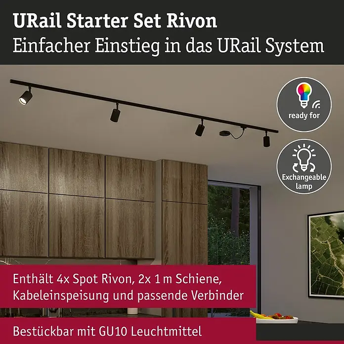 Paulmann URail LED-Schienensystem Set Rivon - Schwarz matt, 2,17 m, Nicht Dimmbar, Anzahl Leuchtmittel: 3 Stk. - Informationsansicht