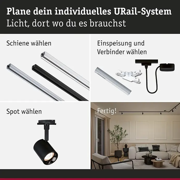 Paulmann URail LED-Spot Nivora - 4,7 W, Schwarz, 7 x 7 x 12,5 cm - Vier Schritte zur Planung eines individuellen URail-Systems: Schiene, Einspeisung, Verbinder, Spot auswählen, fertig in einem modernen Wohnzimmer.