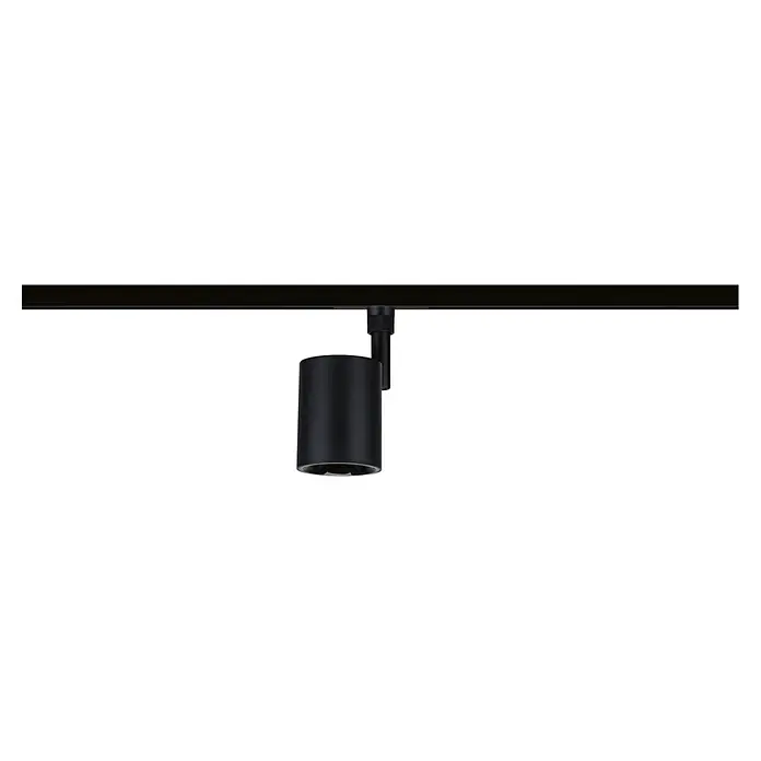Paulmann URail LED-Spot Nivora - 4,7 W, Schwarz, 7 x 7 x 12,5 cm - Schwarze zylindrische Stromschienenleuchte an einer schwarzen Schiene.