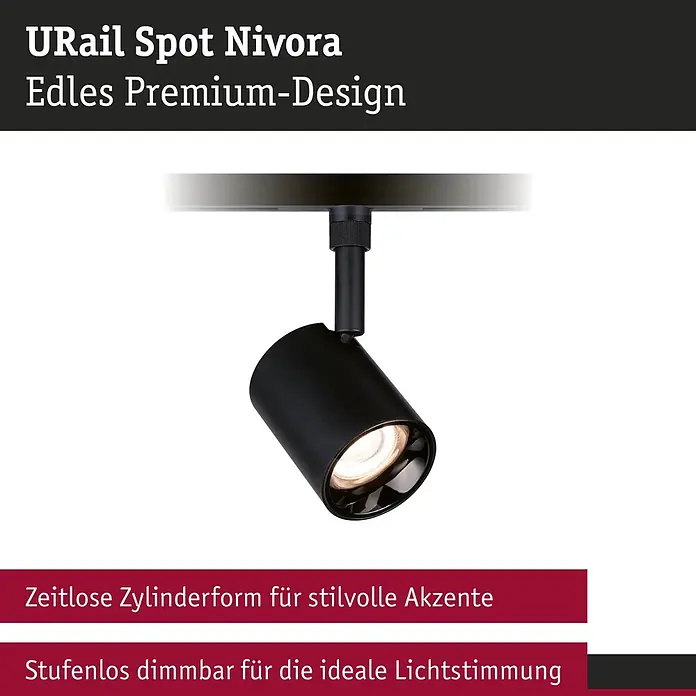 Paulmann URail LED-Spot Nivora - 4,7 W, Schwarz, 7 x 7 x 12,5 cm - Schwarzer zylindrischer URail Spotstrahler, dimmbar, für stilvolle Akzente.
