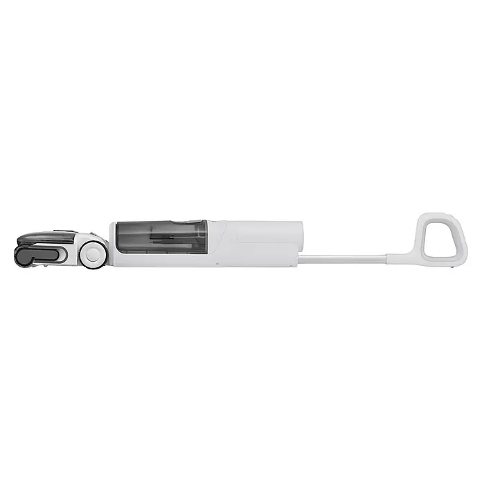 Roborock Akku-Nass-Trockensauger F25 RT Gen 2 - Saugkraft: 20.000 Pa, Akkulaufzeit: 22 min - 38 min, Wassertankvolumen: 870 ml - Weiß-grauer Bodenstaubsauger mit transparentem Staubbehälter und ausziehbarem Griff.