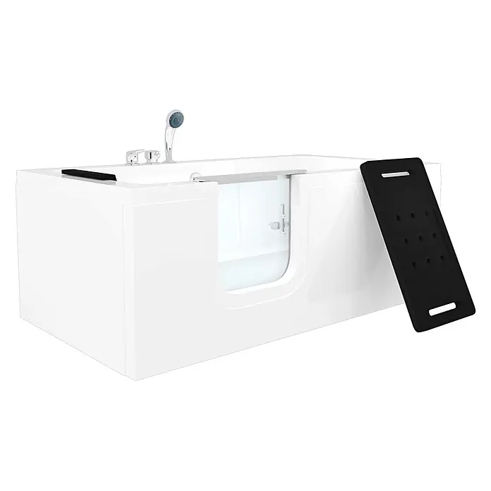 AcquaVapore Badewanne Fertigdusche S15-EH-L - Acryl, Weiß - Weiße begehbare Badewanne mit klarer Zugangstür, integriertem Duschkopf und schwarzem, perforiertem Badebrett für Barrierefreiheit.