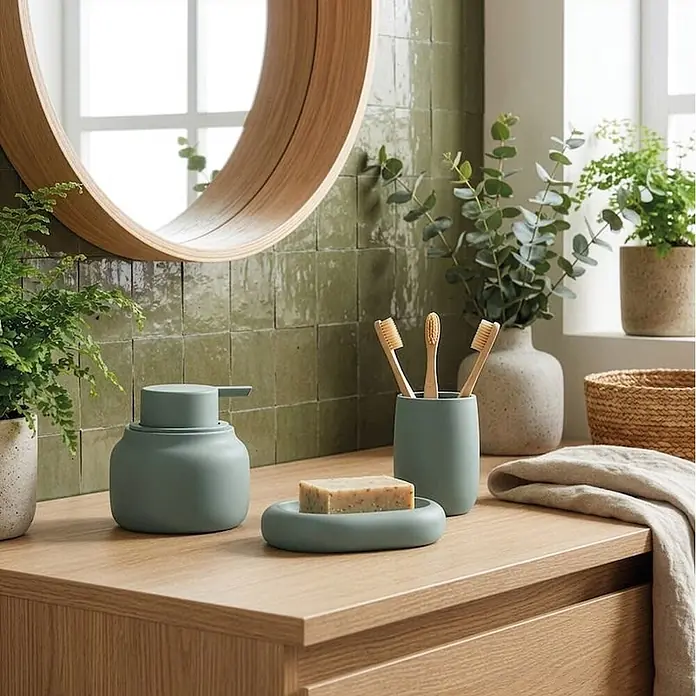 Spirella Dosificador de jabón Zac - Verde - Set de baño de cerámica verde salvia con dispensador de jabón, jabonera y portacepillos sobre un mueble de madera.