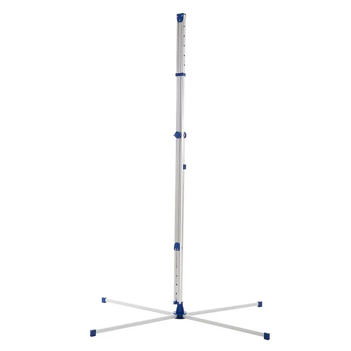 Stewi Stand-Wäscheständer 292 - alu / blau - Verstellbarer silberner Ständer mit blauen Verbindungsstücken und sternförmigem Fuß.