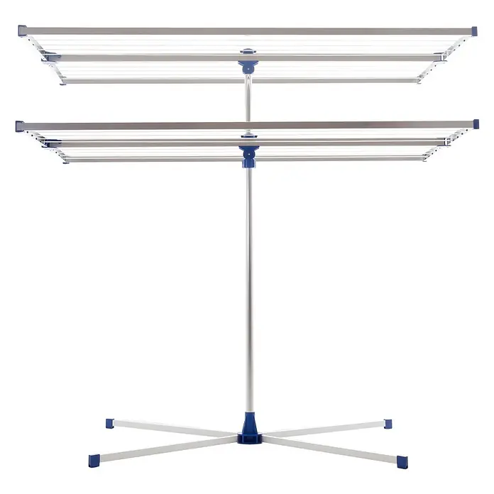 Stewi Stand-Wäscheständer 292 - alu / blau - Zweistufiger Wäscheständer in Silber mit blauen Akzenten und klappbarem Fuß.