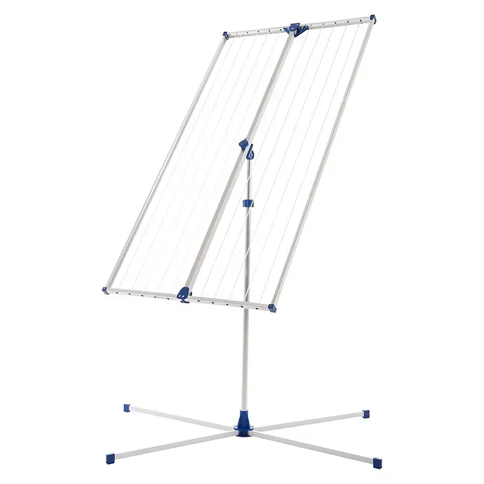 Stewi Stand-Wäscheständer 292 - alu / blau - Klappbarer Wäscheständer mit silbernem Gestell und blauen Details, mit sternförmigem Fuß und zwei schrägen Trockenflügeln.