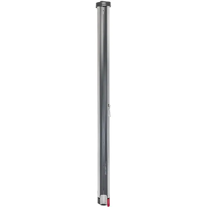 Stewi Stand-Wäscheständer 855 - anthrazit - Ein zusammengeklappter, silber-grauer Stewi Lady Plus Wäschetrockner aus Aluminium mit rotem Fußdetail.