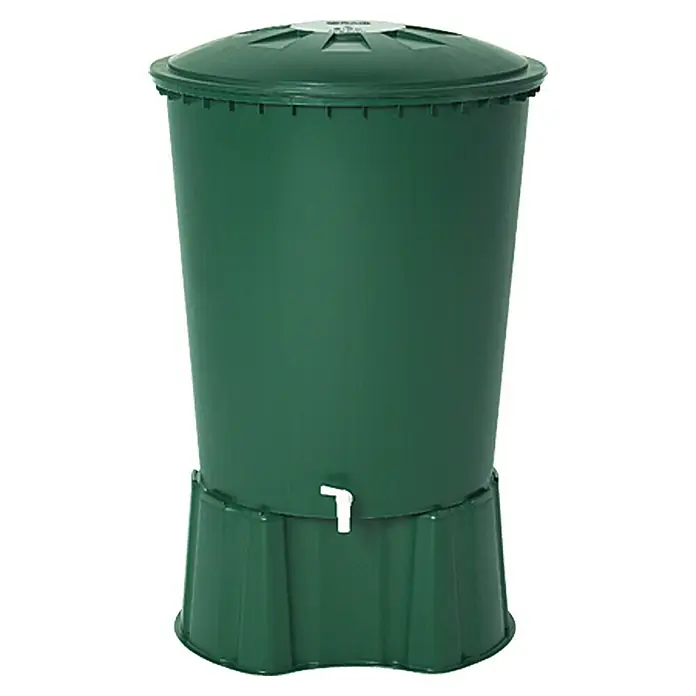 Garantia Basic Line RegentonnensockelPassend für: 510 l Regentonnen Rund, Grün - Ein grüner Wasserbehälter mit einem abnehmbaren Deckel und einem weißen Wasserhahn an der Unterseite.