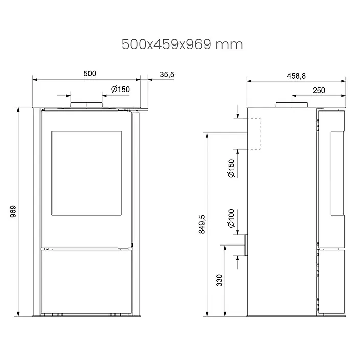 Supra Estufa de leña Leonie - 6 kW, Volumen de calefacción: 200 m³, Negro - Dibujo técnico de estufa de leña con dimensiones (500x459x969 mm), salida de humos Ø150 mm y entrada de aire Ø100 mm.