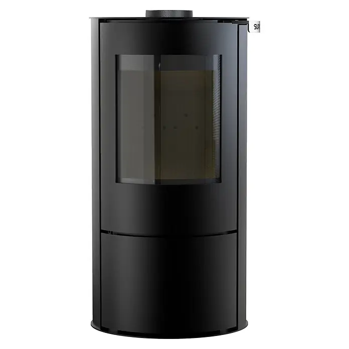 Supra Estufa de leña Leonie - 6 kW, Volumen de calefacción: 200 m³, Negro - Estufa de pellets cilíndrica negra con gran puerta de cristal. Diseño moderno para calefacción del hogar.