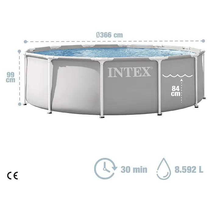 Intex Piscina Frame Prisma - Ø x Al: 366 x 99 cm, Gris, 8.592 l - Piscina elevada Intex redonda gris con marco blanco, medidas: 366 cm diámetro, 99 cm altura, 84 cm nivel agua, 8.592 L capacidad, 30 min montaje.