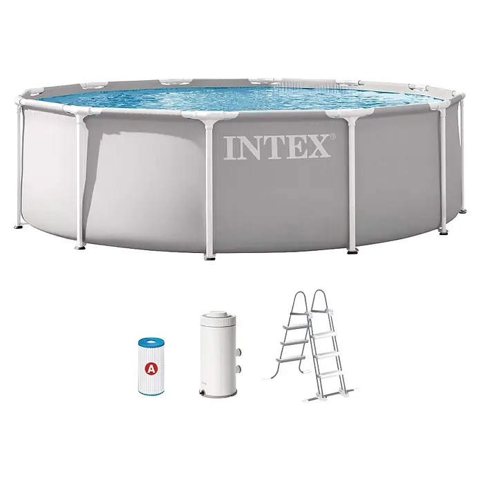 Intex Piscina Frame Prisma - Ø x Al: 366 x 99 cm, Gris, 8.592 l - Set de piscina elevada Intex con piscina gris, agua azul, marco blanco, escalera, filtro y bomba/calentador.