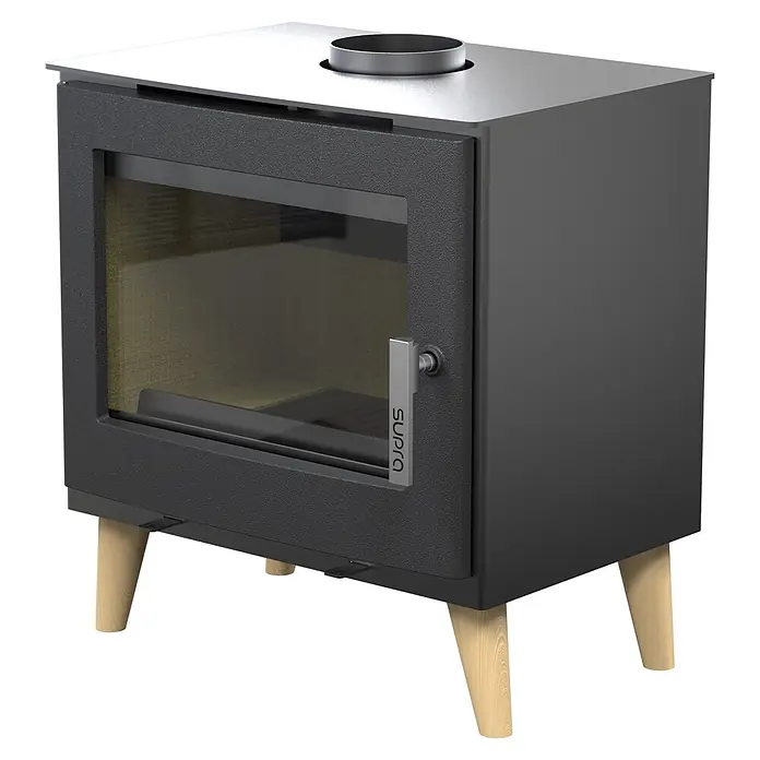 Supra Estufa de leña Emile - 6,1 kW, Volumen de calefacción: 250 m³, Negro - Estufa de leña moderna gris oscuro texturizada con tapa plateada, puerta de cristal, cuello de chimenea negro y patas de madera clara.