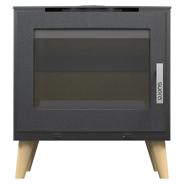 Supra Estufa de leña Emile - 6,1 kW, Volumen de calefacción: 250 m³, Negro - Estufa de leña gris oscuro texturizada con puerta de vidrio grande y patas de madera clara.
