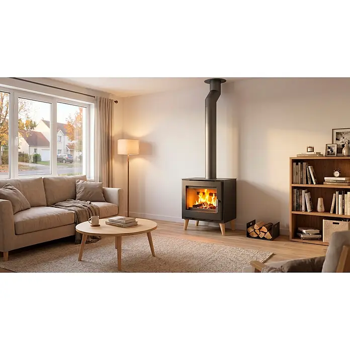 Supra Estufa de leña Emile - 6,1 kW, Volumen de calefacción: 250 m³, Negro - Estufa de leña gris oscuro con patas de madera clara y tubo de humos, fuego encendido en un salón moderno.