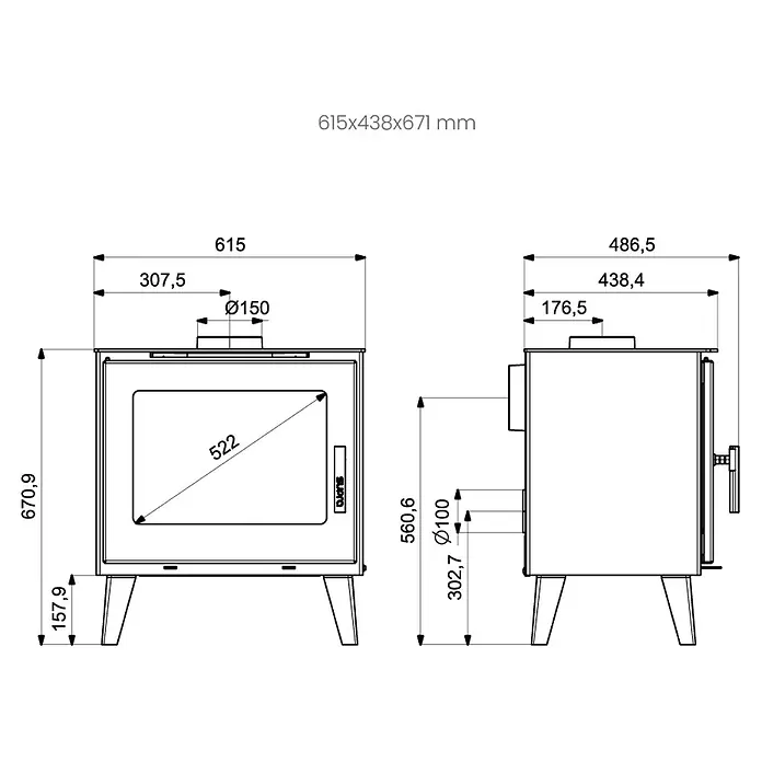 Supra Estufa de leña Emile - 6,1 kW, Volumen de calefacción: 250 m³, Negro - Dibujo técnico de una estufa de leña con vistas frontal y lateral y dimensiones clave.