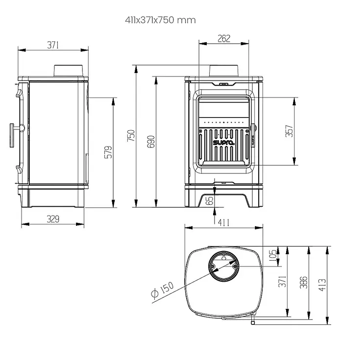 Supra Estufa de leña Elio - 5,9 kW, Volumen de calefacción: 100 m³, Negro - Dibujo técnico de una estufa de leña Supra con dimensiones, mostrando vistas frontal, lateral y superior.
