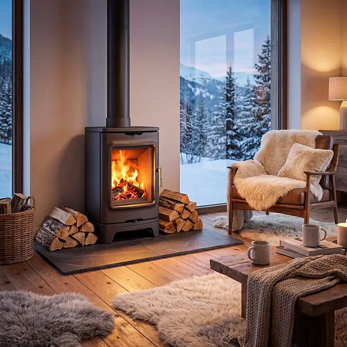 Supra Estufa de leña Elio - 5,9 kW, Volumen de calefacción: 100 m³, Negro - Estufa de leña gris oscuro con fuego encendido, rodeada de troncos en una acogedora habitación con vista invernal.