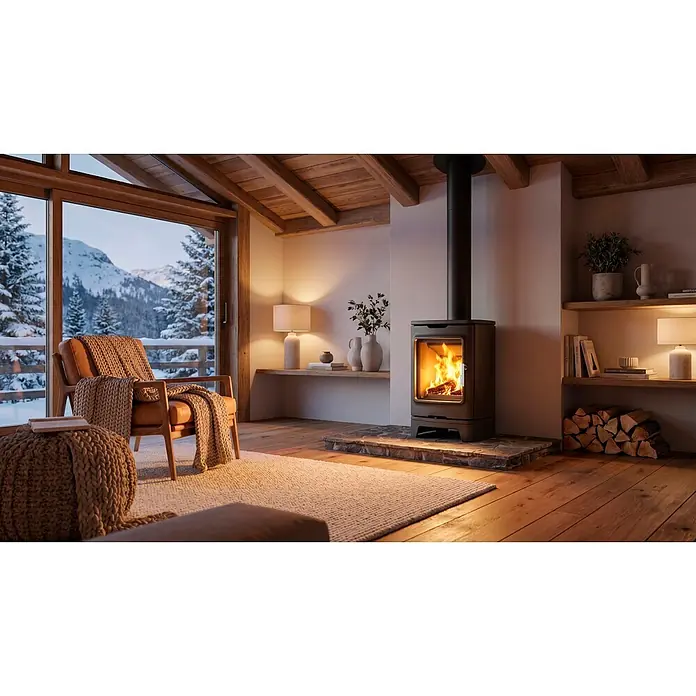 Supra Estufa de leña Elio - 5,9 kW, Volumen de calefacción: 100 m³, Negro - Estufa de leña negra con fuego visible en un acogedor salón de cabaña, con vistas a un paisaje montañoso nevado.