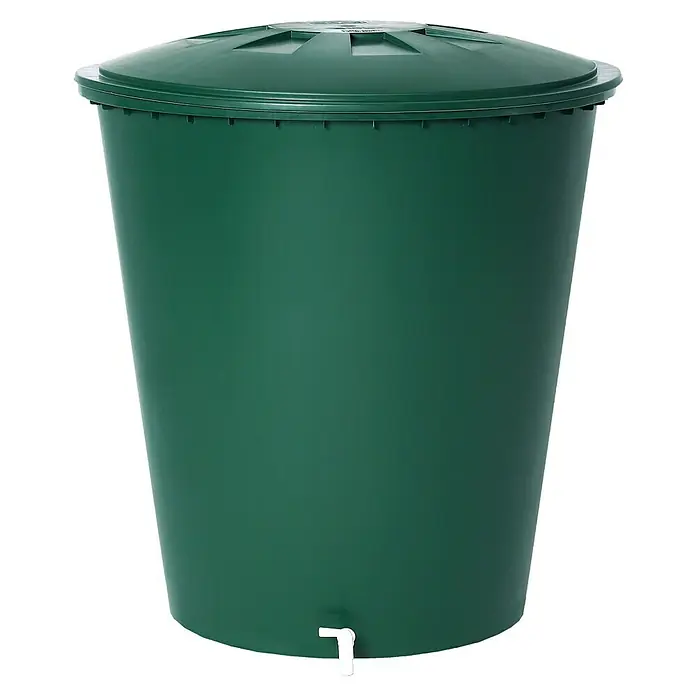 Regentonne - 300 l, Grün, Form: Rund - Grüne Regentonne mit Deckel und Hahn zur Wassersammlung im Garten oder für andere Außenbereiche.