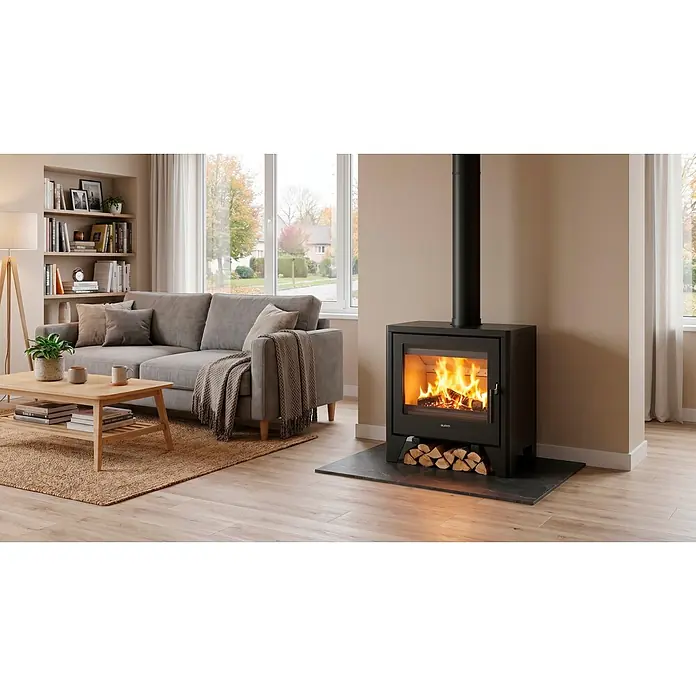 Supra Estufa de leña Nivo - 7 kW, Volumen de calefacción: 250 m³, Negro - Una estufa de leña negra con fuego vivo y leña, colocada sobre una base de pizarra en una acogedora sala de estar.