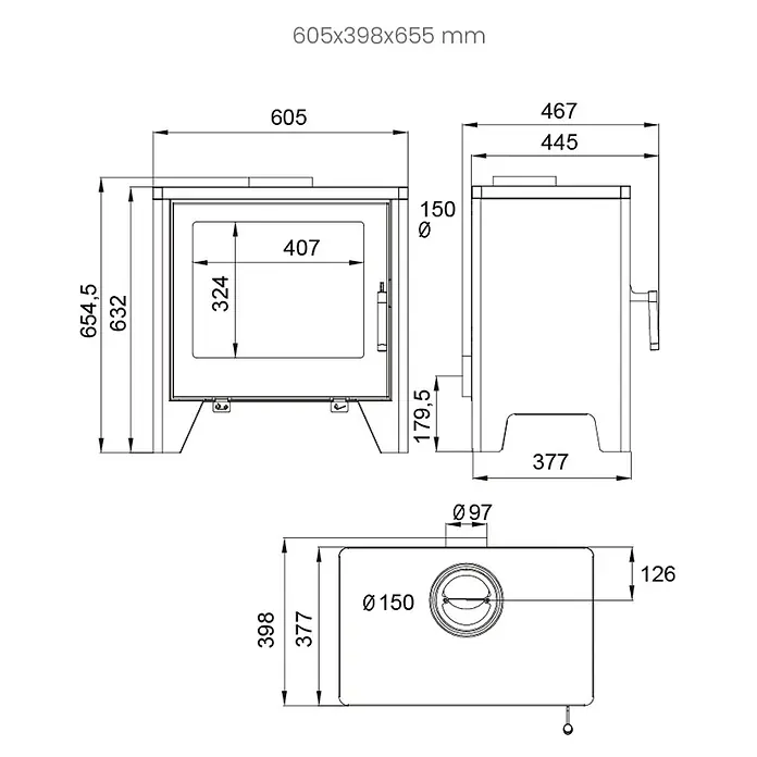 Supra Estufa de leña Nivo - 7 kW, Volumen de calefacción: 250 m³, Negro - Dibujo técnico de una estufa de leña rectangular que muestra vistas frontal, lateral y superior con dimensiones detalladas.