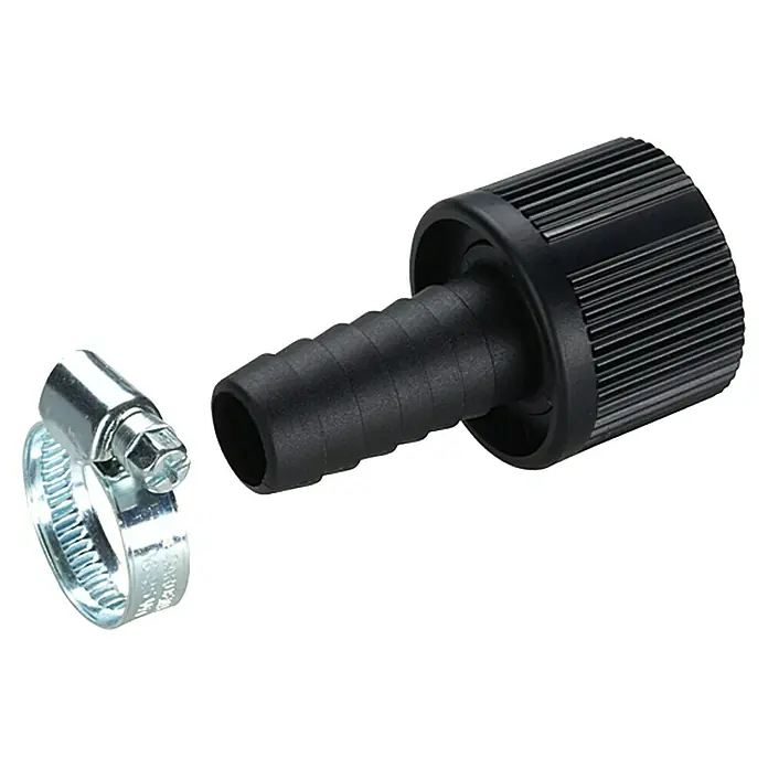 Gardena Saugschlauch-Anschlussstück - ¾″, Durchmesser: 19 mm, Innengewinde: 33,3 mm (G 1″) - Schwarzer Schlauchverbinder mit Rillen und einer silbernen Schlauchschelle zur sicheren Befestigung von Schläuchen.